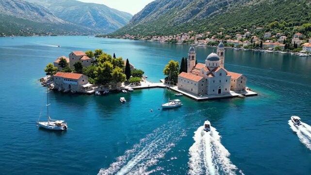 Aerial view of our lady of the rocks and saint george islands in montenegro 4k video