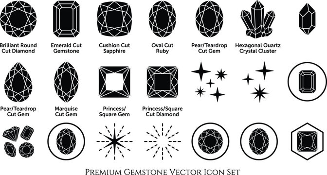 Premium gemstone vector icon set with diamond cuts crystal clusters stars emerald round sapphire ruby marquise shape silhouette elements isolated on background