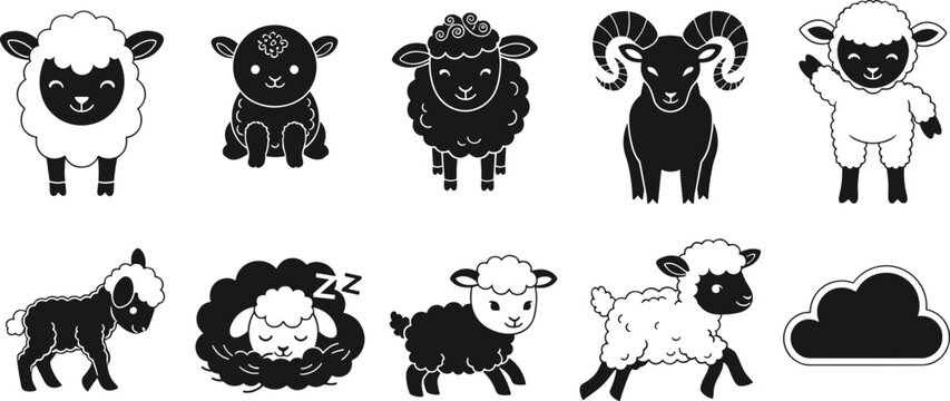 Set of Cute Kawaii Sheep and Lamb Silhouettes Featuring Happy Sleeping and Playful Characters for Kids Nursery Decor Childrens Stickers and Creative Farm Animal Graphic Designs
