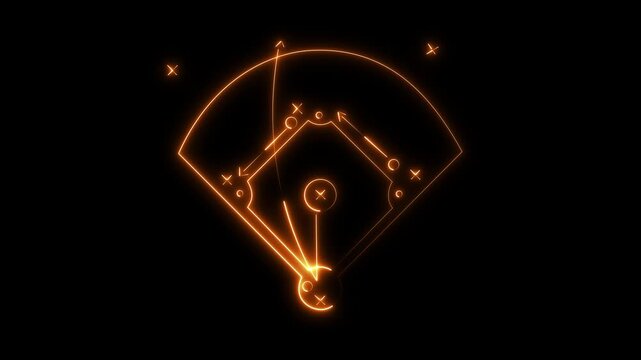 Glowing neon Baseball play strategy drawn on chalk board. Homer run and batter runs to the base.4k motion graphics video animation