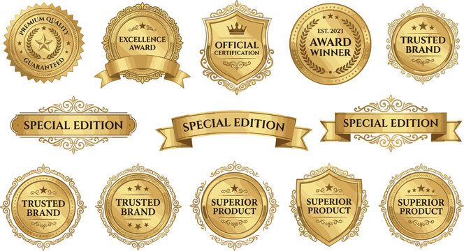 Premium golden badge vector collection featuring luxury award labels special edition ribbons trusted brand seals and superior product certification stickers isolated on background