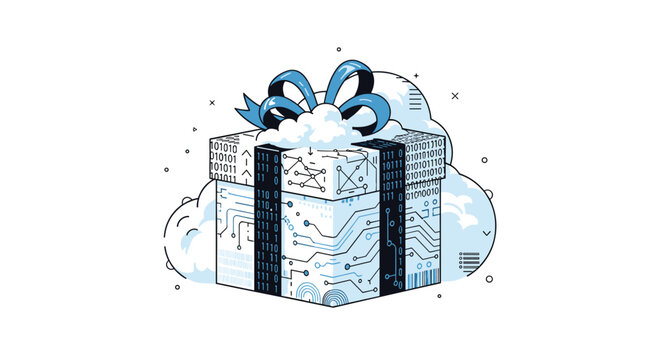 A gift box patterned with intricate circuit board lines and binary code is positioned against a background of soft digital-style clouds with a prominent blue bow.