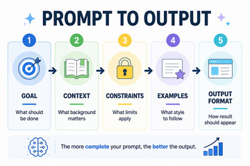 Obraz premium An infographic illustrates the five components of a prompt to output: Goal, Context, Constraints, Examples, and Output Format.