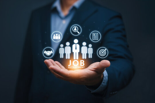 Job recruitment concept hand holding glowing hiring icons job recruitment talent acquisition human resources employer candidate selection hiring process workplace opportunity