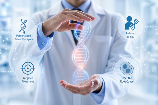 Personalized Gene Therapies tailored genetic treatment doctor holding DNA helix symbol targeted treatment treat the root cause tailored to you medical genomics concept