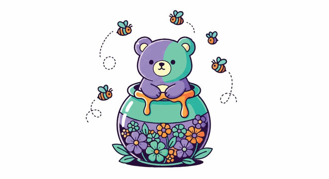 Cute Bear Sitting in Honey Pot Surrounded by Bees.