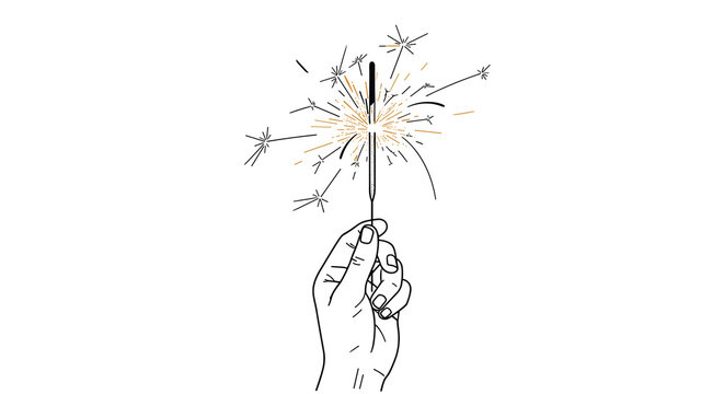 A minimalist hand-drawn line art illustration captures a single human hand holding a lit firework sparkler emitting radiant light rays against a solid white background.