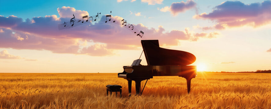 Grand piano sits in golden field at sunrise. Music notes float above instrument. Sky has pastel clouds and sun rays. Scene feels magical and peaceful, evoking nature and melody.