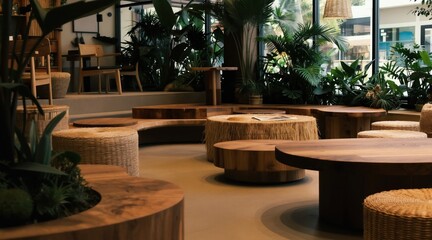 Obraz premium Natural oasis with wood furniture and lush plants. Cozy seating areas invite relaxation in a tranquil, eco-friendly lounge space. Modern organic decor enhances peaceful ambience.