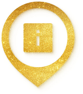 Info square icon in gold glitter location pin shape for info square information help tooltip guide detail support and documentation on transparent background.