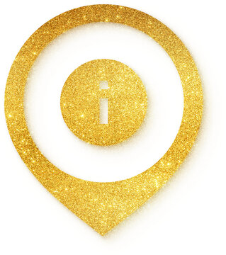 Info circle icon in gold glitter location pin shape for info circle information help tooltip guide detail support and documentation on transparent background.