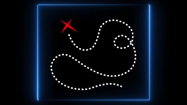 Glowing neon Isolated treasure map with x marking the spot.4k motion graphics video animation