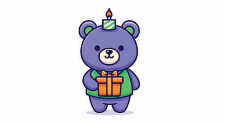 Fototapeta premium Cute Purple Bear Holding Gift Box with Birthday Candle on Head.