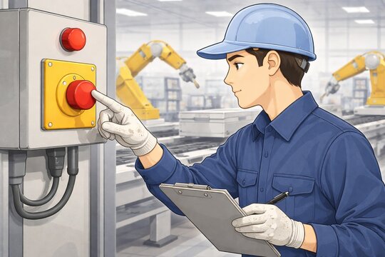 工場の製造ラインで異常を感知し緊急停止ボタンを押すヘルメット姿の男性作業員