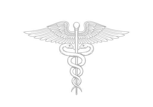 Caduceus symbol with wings and two snakes intertwined, depicted in a sketch