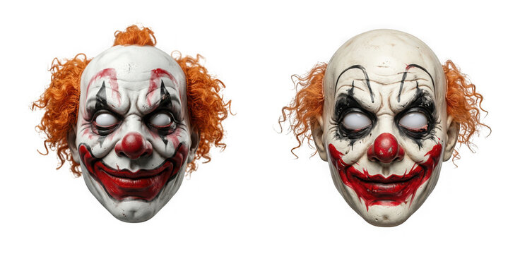 Scary clown masks with red curly hair and makeup as isolated on transparent background