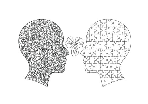 Two stylized heads in profile facing each other, one filled with puzzle
