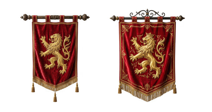 Two ornate medieval red velvet heraldic banners with gold lion embroidery isolated on transparent background