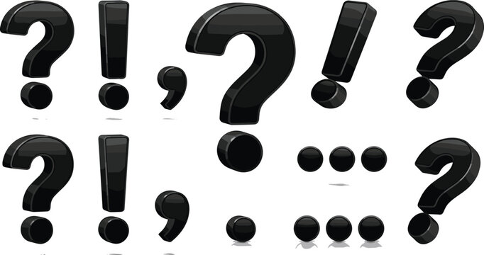 Glossy black 3d punctuation marks vector icon set with question mark exclamation point comma and period symbols bundle