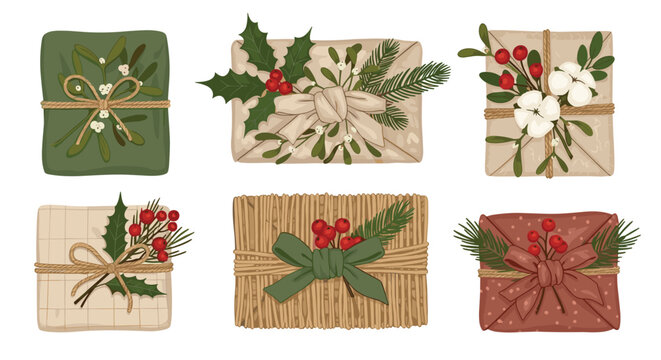 A flatlay collection of six rectangular gift packages wrapped in rustic paper with pine sprigs and bright red berries against a clean white backdrop for holiday gifting.