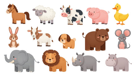 Fototapeta premium Collection of Cute Cartoon Farm and Wild Animals.
