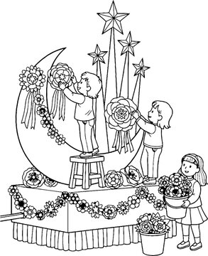 Children Decorating Parade Float With Flowers and Wreaths.