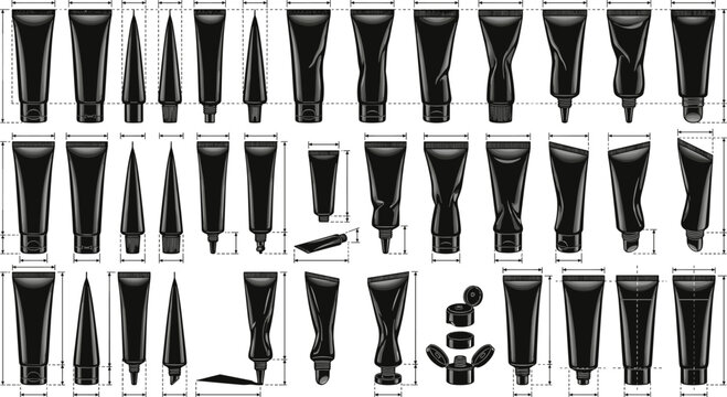 Cosmetic tube vector icon set with technical blueprint layout packaging dimensions black plastic cream gel container mockup collection