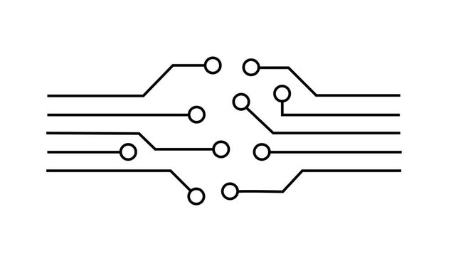 Minimalist black and white line art animation of a printed circuit board (PCB) with digital electronic traces and node points. This clean motion graphic element is ideal for high-tech company.