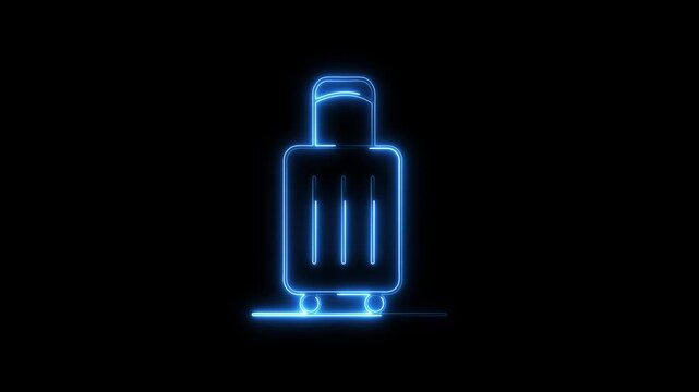 Futuristic glowing neon blue suitcase animation with illuminated lines and rolling wheels on a dark background. This stylish light-effect for modern travel agency commercials,