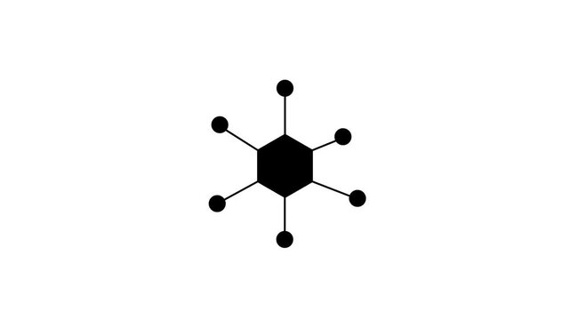 Geometric vector animation of a central black hexagon connected to six node points, representing a molecular structure or network hub. This clean motion graphic for data science presentations,