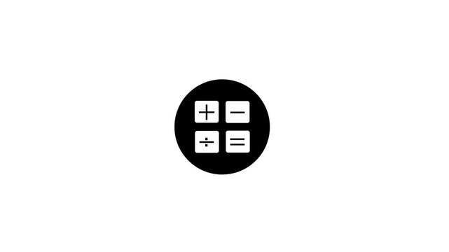 Flat design motion graphic animation of a calculator icon displaying mathematical symbols for addition, subtraction, division, and equality inside a black circle.and tax math tutorials.