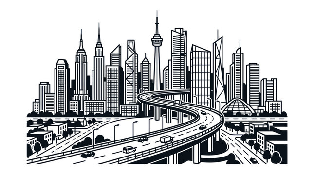 Urban cityscape featuring tall skyscrapers and a curving freeway