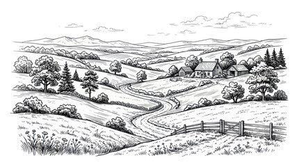 Peaceful rural landscape with farm house and rolling hills © Sesel