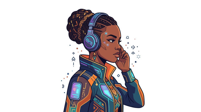 Stylish woman wearing futuristic glowing headphones and tech jacket