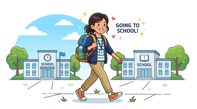 Smiling student with a backpack walking toward a school building