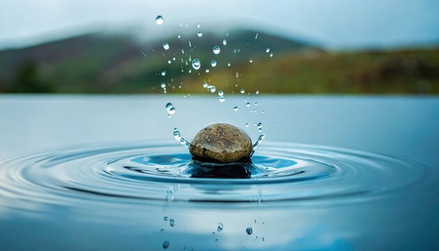 A smooth stone splashes across a rippling lake surface in slow motion, capturing a moment of nature's dynamics.