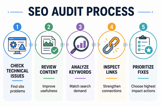 A diagram illustrates the five-step SEO audit process: checking technical issues, reviewing content, analyzing keywords, inspecting links, and prioritizing fixes.