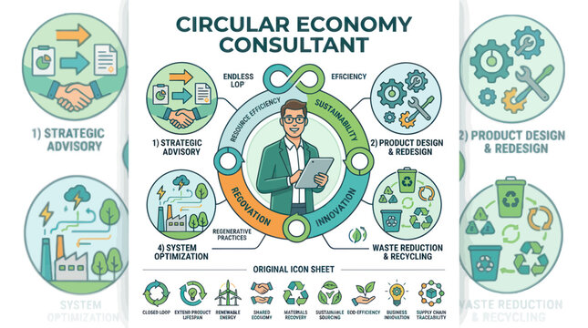 Circular economy consultant infographic with sustainability icons