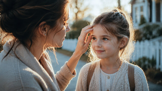 Mom chats with daughter at dusk