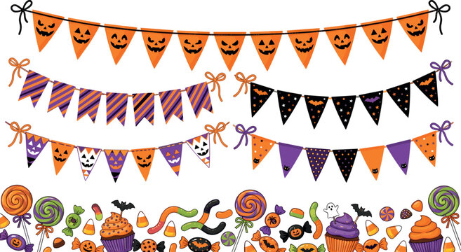 Halloween vector elements set featuring spooky pumpkin bunting garlands party flags hanging banners lollipops cupcakes candy corn and sweets isolated on white.