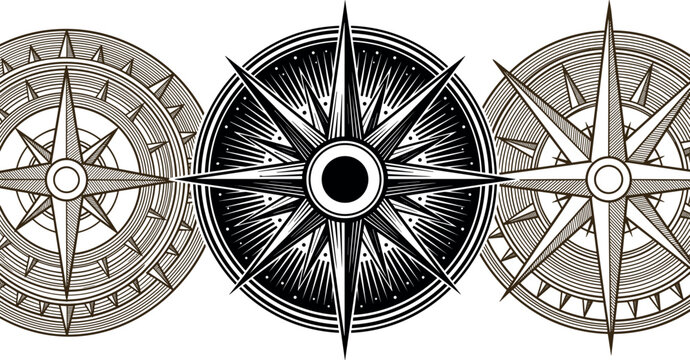 Vintage vector illustration set featuring three highly detailed nautical compass roses with intricate linework engraving style on a white background.