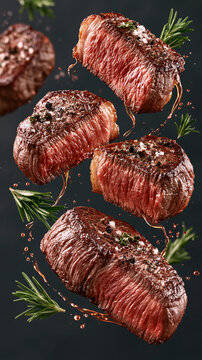 dynamic beef steaks flying in mid-air