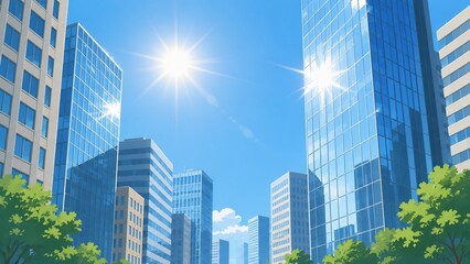 Fototapeta premium 太陽が輝くガラス張りのビルが並ぶ都市の青空イラスト