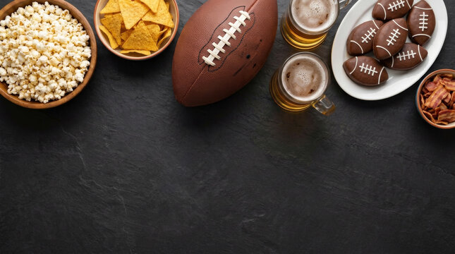 Football snack popcorn chip beer tv watch party flatlay rustic table joy. World cup 2026 soccer sport match game. friends friendship person together, team fan television