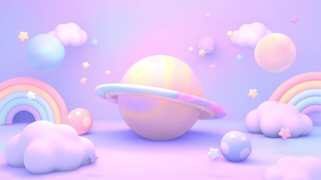 Pastel dreamy planet with rainbows, stars, and clouds animation. (loop)