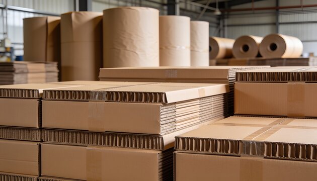 Stacks of cardboard boxes and rolls in a warehouse. The scene showcases organized packaging materials ready for distribution.