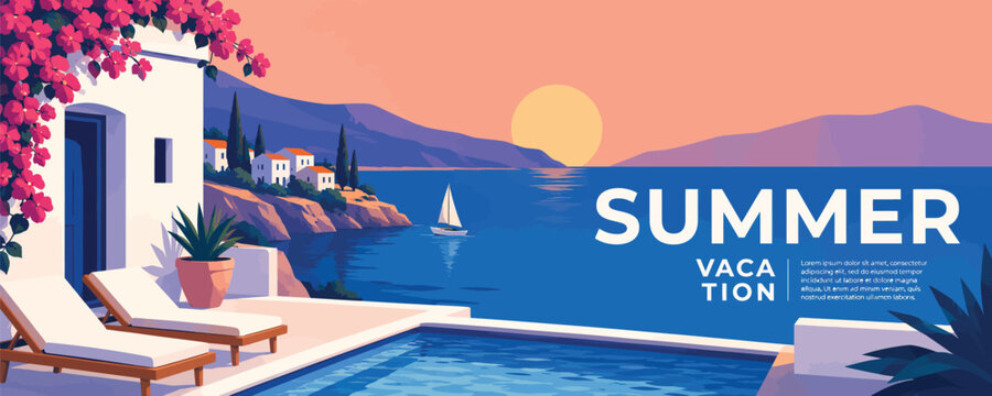 Summer Vacation Seaside Resort Landscape with Mediterranean Coastal View Illustration