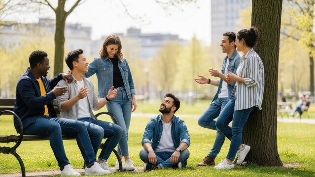 Friends in casual denim gather in a bright green city park to chat and relax Wallpaper Background image