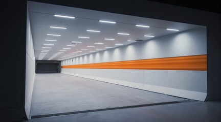 Fototapeta premium Modern industrial tunnel with bright lights. Orange stripe on white wall. Concrete floor and grey entrance gate. Research and development space.