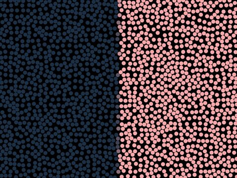 Dots fill left and right halves of frame. Blue and pink hues contrast sharply against dark backgrounds. Pattern suggests digital, abstract, or scientific origin. Visual tension arises from color